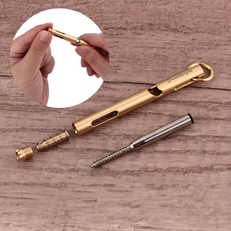 SMOOTHERPRO Mini Pen, Brass EDC Pocket Pen with Keychain, 80mm in Lenth Small for Travel, Wallet, Includes 2 Refill Cartridges - Natural - Image 4